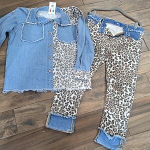 Denim and Leopard Print Jacket and Pants Set